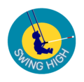A round shape logo with two with colour blue and sun yellow. inside the circle is a blind child with a guide cane, swinging.